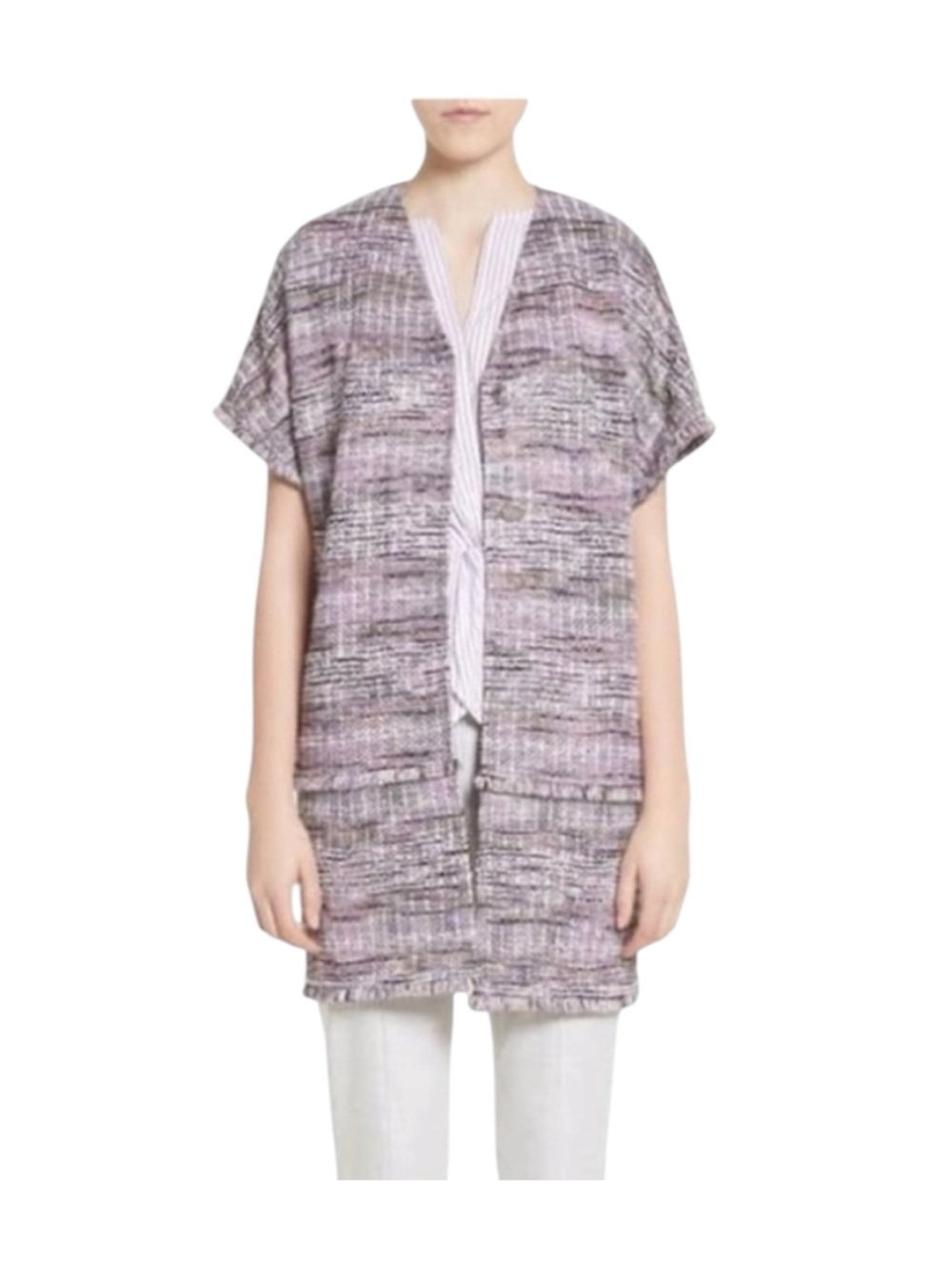 new St John ❉ Pinstripe Twist Front Sleeveless Surplice Top ❉ Orchid Stripe ❉ M - Picture 14 of 16